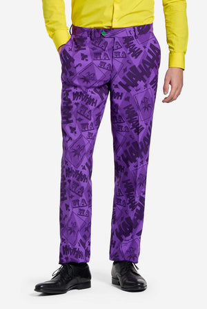 Het paarse The Joker Herenpak met geel overhemd, gedragen door de man, beeld van de broek