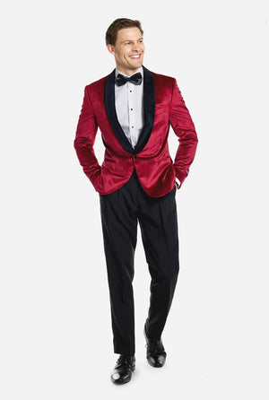 Man draagt bordeaux rode dinner jacket blazer