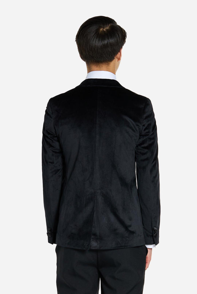 Jongen draagt zwarte fluwelen dinner jacket blazer voor tieners