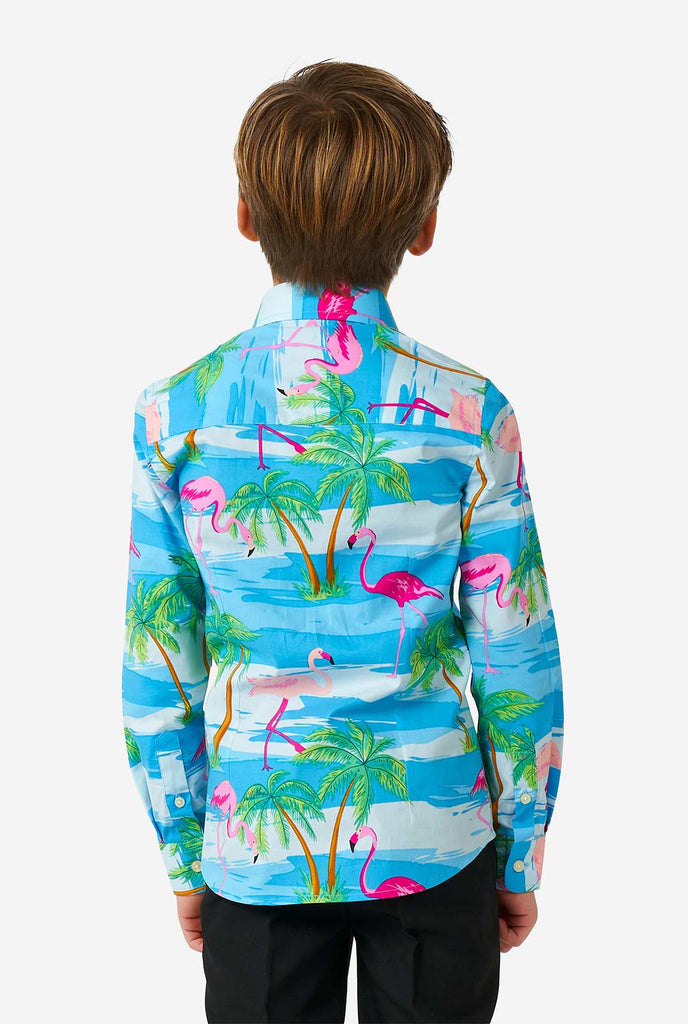 Jongen die jongens shirt met lange mouwen draagt ​​met zomerse flamingo -print vanaf de achterkant