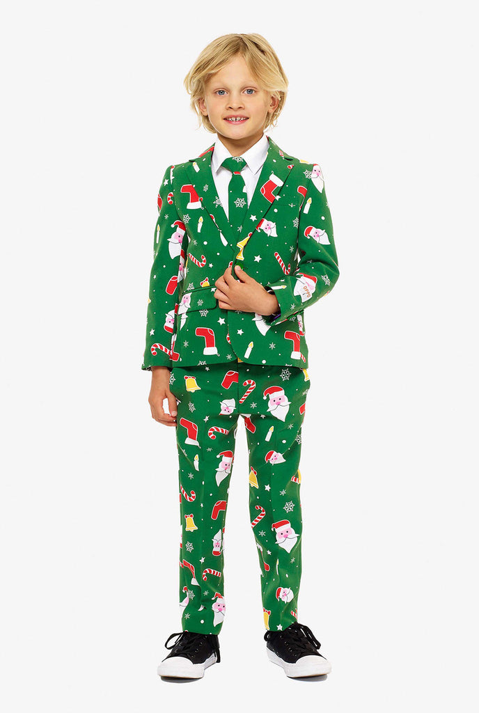 Groen kerstpak voor jongens met kerstcartooniconen gedragen door jongen