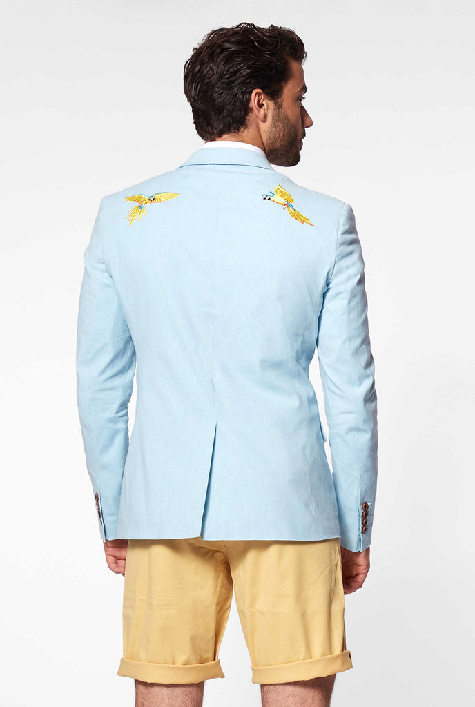 Blauwe casual blazer met papegaai borduurwerk gedragen door de mens, uitzicht vanaf de achterkant