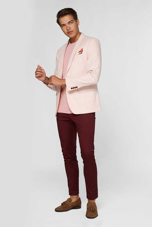 Roze blazer met papegaai borduurwerk gedragen door de mens