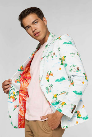 Wit casual blazer met Hawaiiaanse icoonafdruk gedragen door de mens met rode palmboom binnenvoering