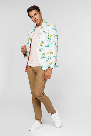 Wit casual blazer met Hawaiiaanse icoonafdruk gedragen door de mens met rode palmboom binnenvoering