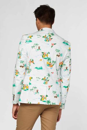 Terug van witte blazer met Hawaiiaanse icoonafdruk gedragen door de mens
