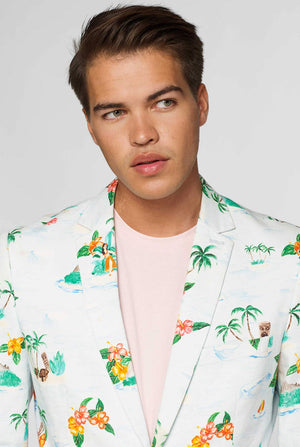 Witte blazer met Hawaiiaanse icoonafdruk gedragen door de mens close -up