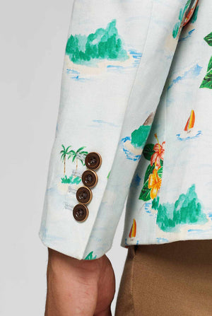 Witte blazer met Hawaiiaanse pictogramafdruk close -up van mouw