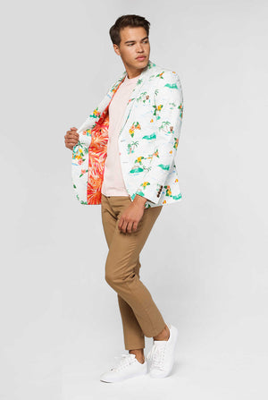 Wit casual blazer met Hawaiiaanse icoonafdruk gedragen door de mens met rode palmboom binnenvoering