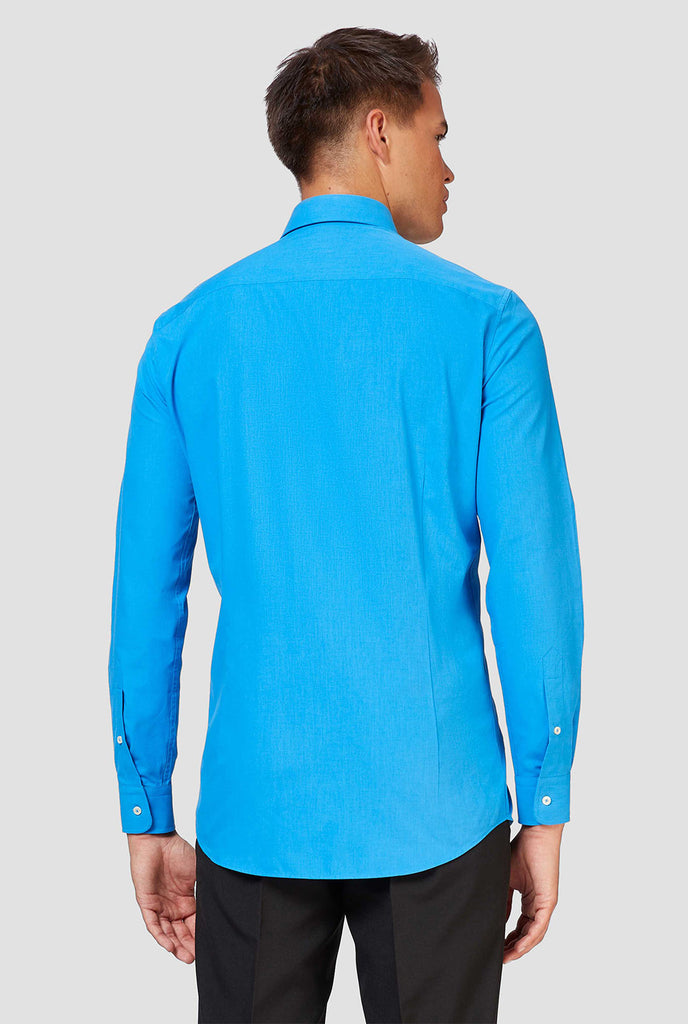 Blauw shirt met lange mouwen gedragen door de mens - terug