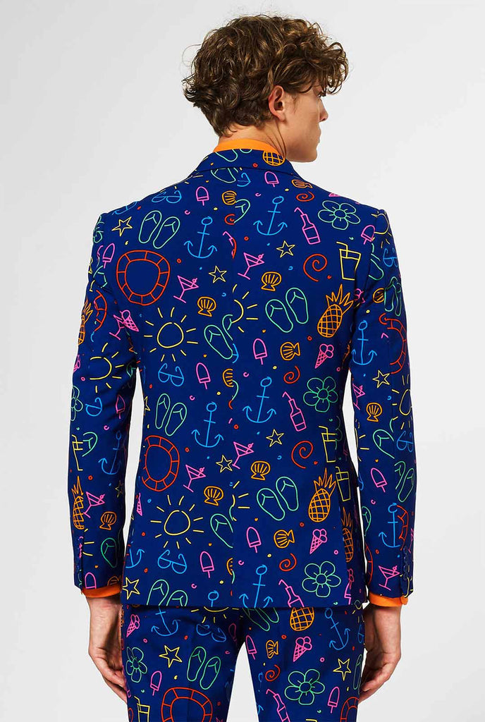 Donkerblauw pak met heldere doodle -iconografie van achteren getoond