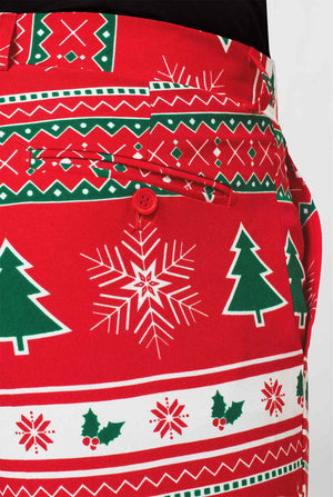Man draagt een rood kerstpak en zwart overhemd, broek van dichtbij
