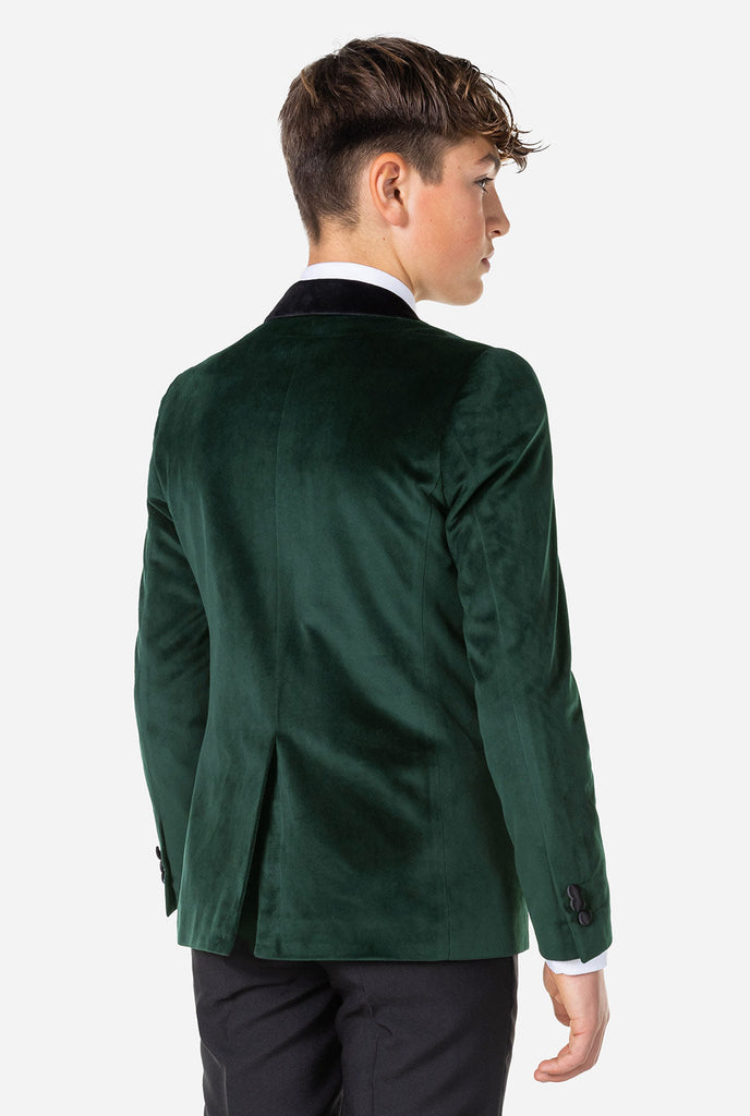 Tiener met groen fluwelen kerstdiner jasje, bekijk vanaf de achterkant