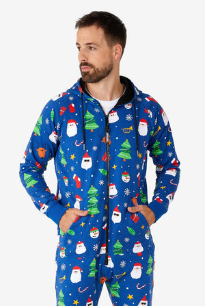 Man draagt blauwe kerst onesie