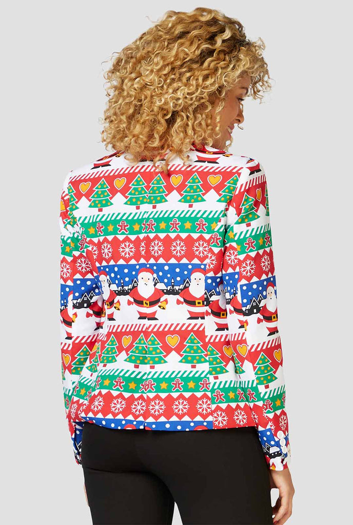 Multi -kleuren grappige kerstprintjack gedragen door een vrouw met de achterkant van de jas