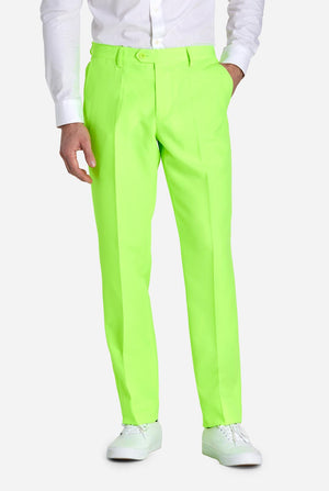 Man met neon limoengroen gekleurd pak, close-up van de broek