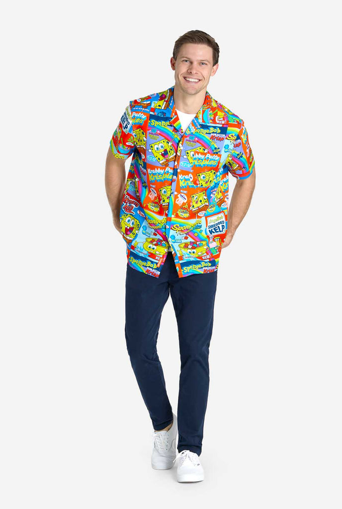 Man wearing Hawaiian Shirt with SpongeBob Cereal-box print