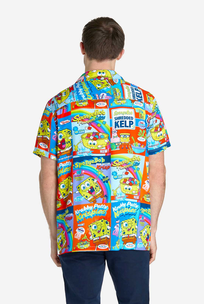 Man wearing Hawaiian Shirt with SpongeBob Cereal-box print