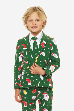 Groen kerstpak voor jongens met kerstcartooniconen gedragen door jongen