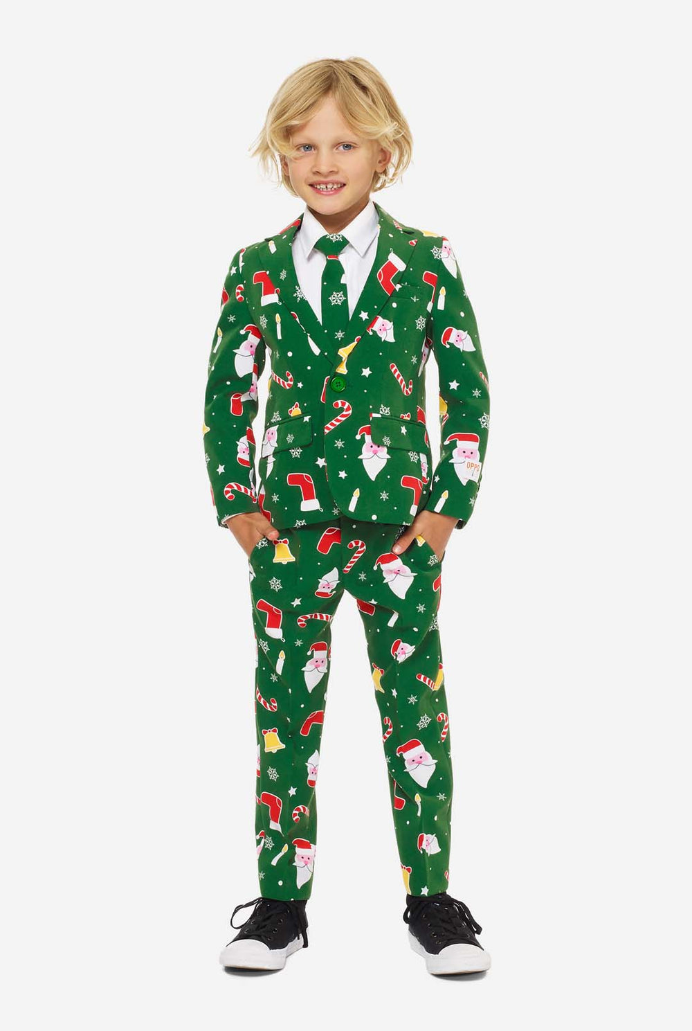 Groen kerstpak voor jongens met kerstcartooniconen gedragen door jongen