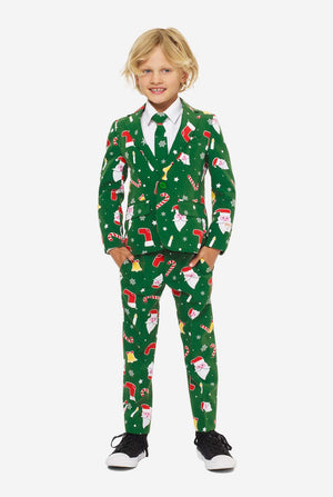 Groen kerstpak voor jongens met kerstcartooniconen gedragen door jongen