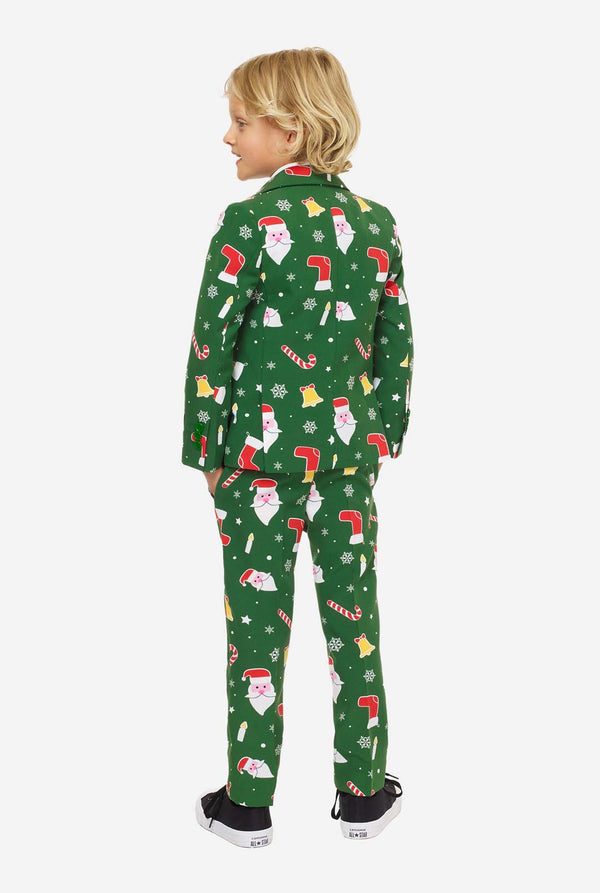 Groen kerstpak voor jongens met kerstcartooniconen gedragen door jongen