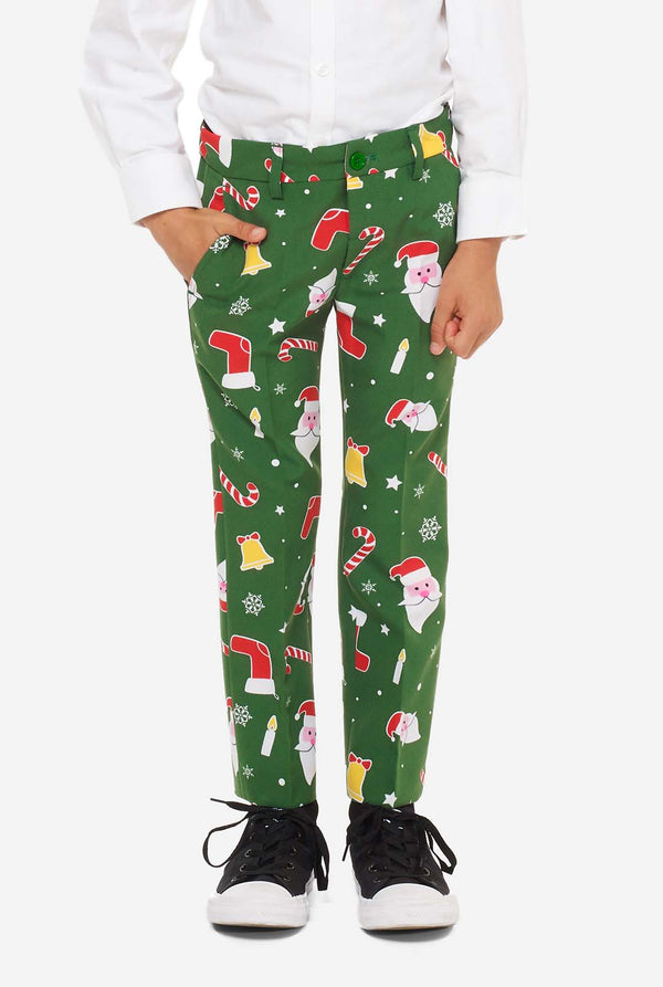 Groen kerstpak voor jongens met kerstcartooniconen gedragen door jongen