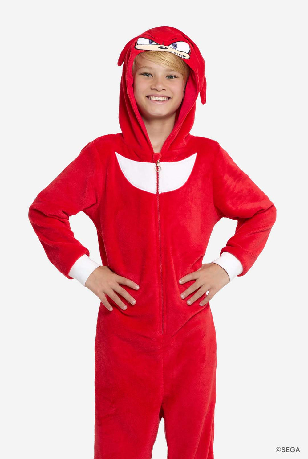 Jongen draagt ​​een rood Sonic Knuckles kinderonesie.