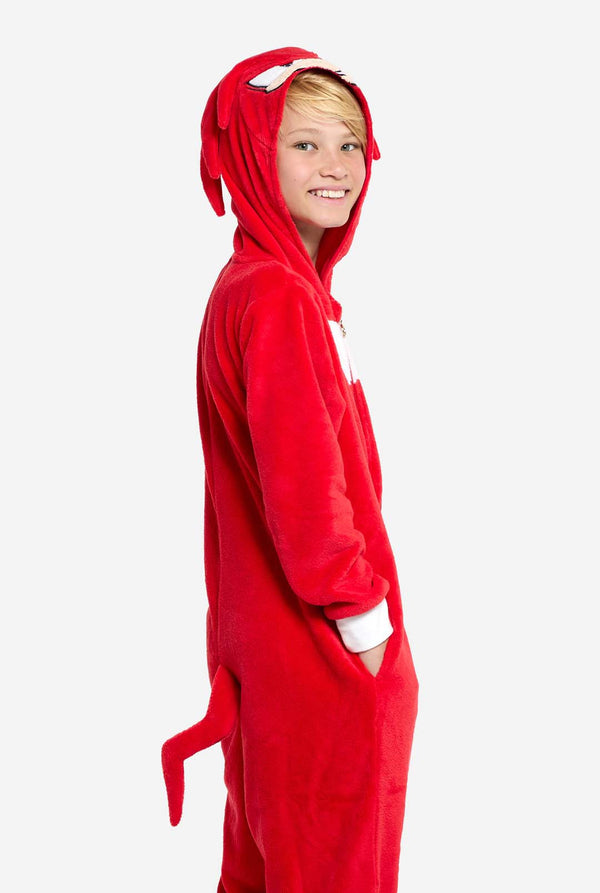 Jongen draagt ​​rode Sonic Knuckles kinder onesie