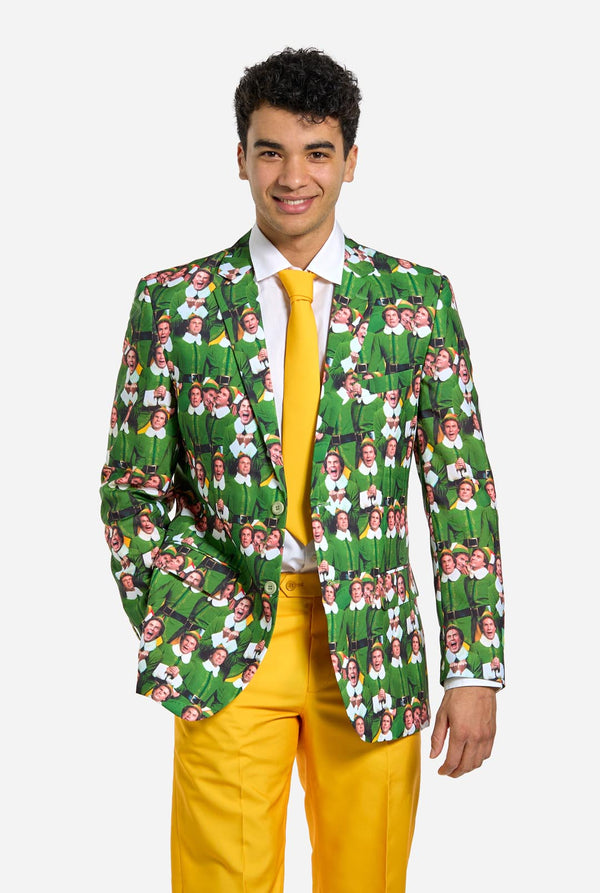 Man met kerstpak voor heren met het karakter ELF op het jasje en de gele broek.