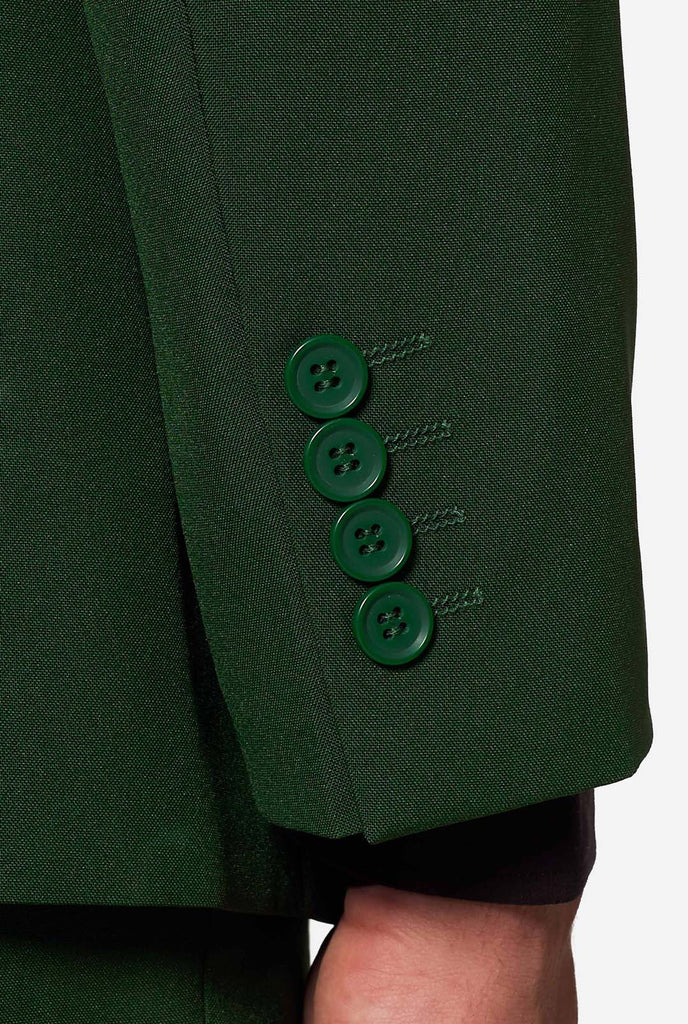 Detailfoto van een groene colbertmouw met vier bijpassende knopen – vakmanschap van een OppoSuits Glorious Green herenblazer.