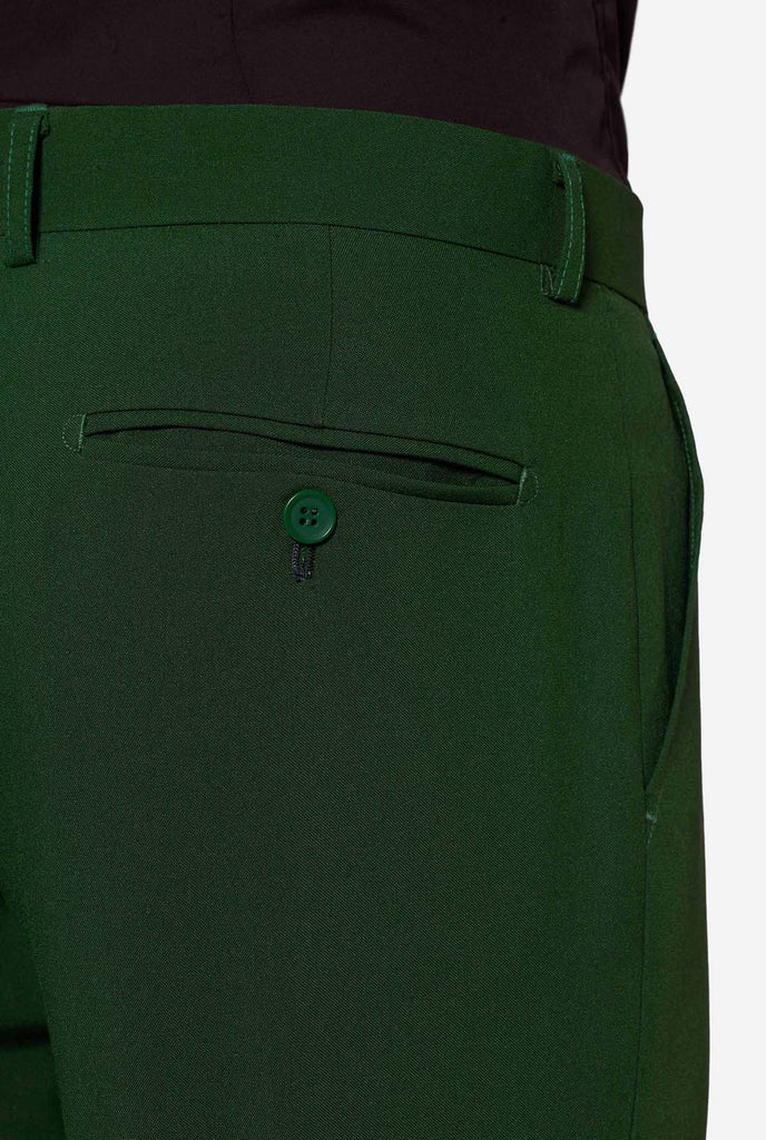 Achterzakdetail van een OppoSuits Glorious Green herenpak met knoopsluiting – elegante en professionele formele kleding.