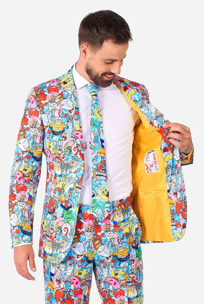 Man wearing men's suit with SpongeBob print
