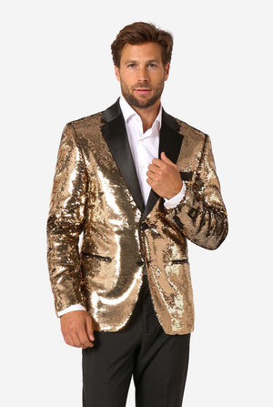 Man draagt ​​een glanzend gouden pailletten blazer met zwarte satijnen revers.