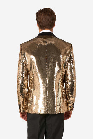 Man draagt ​​een glanzend gouden pailletten blazer met zwarte satijnen revers.