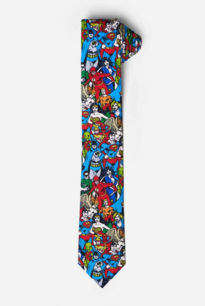 Kleurrijke stropdas met DC Comics-personages, zoals Batman en Superman erop