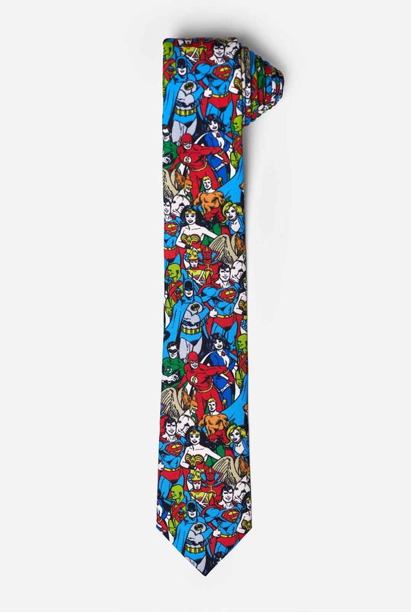 Kleurrijke stropdas met DC Comics-personages, zoals Batman en Superman erop