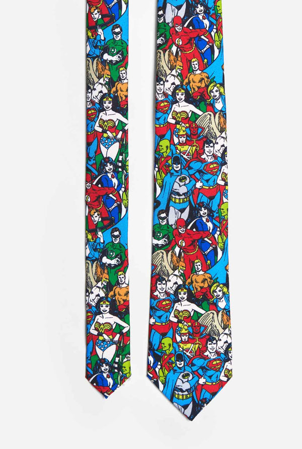 Kleurrijke stropdas met DC Comics-personages, zoals Batman en Superman erop