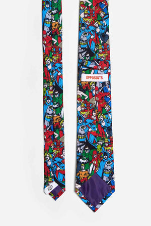 Kleurrijke stropdas met DC Comics-personages, zoals Batman en Superman erop