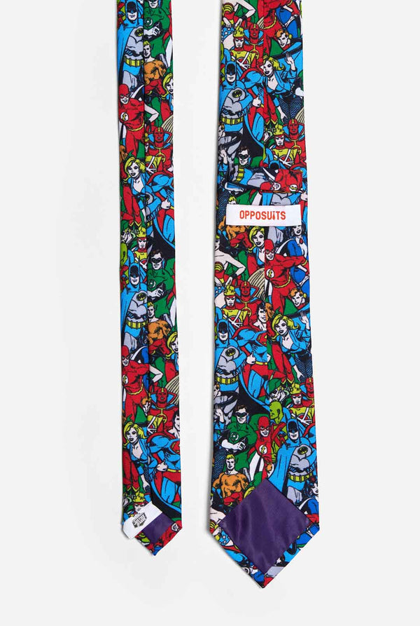 Kleurrijke stropdas met DC Comics-personages, zoals Batman en Superman erop