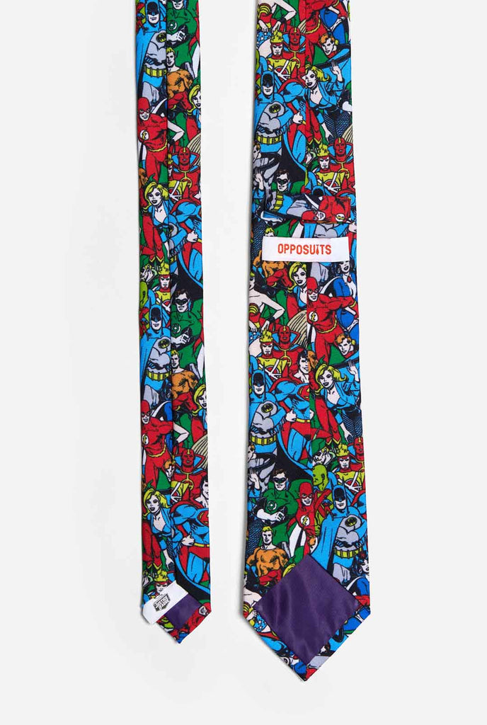Multi color tie with DC Comics characters, like Batman and Superman on it