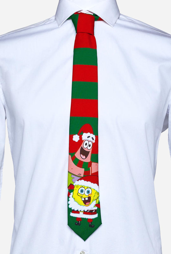 Groen en rood gestreepte kerststropdas met Spongebob en Patrick print