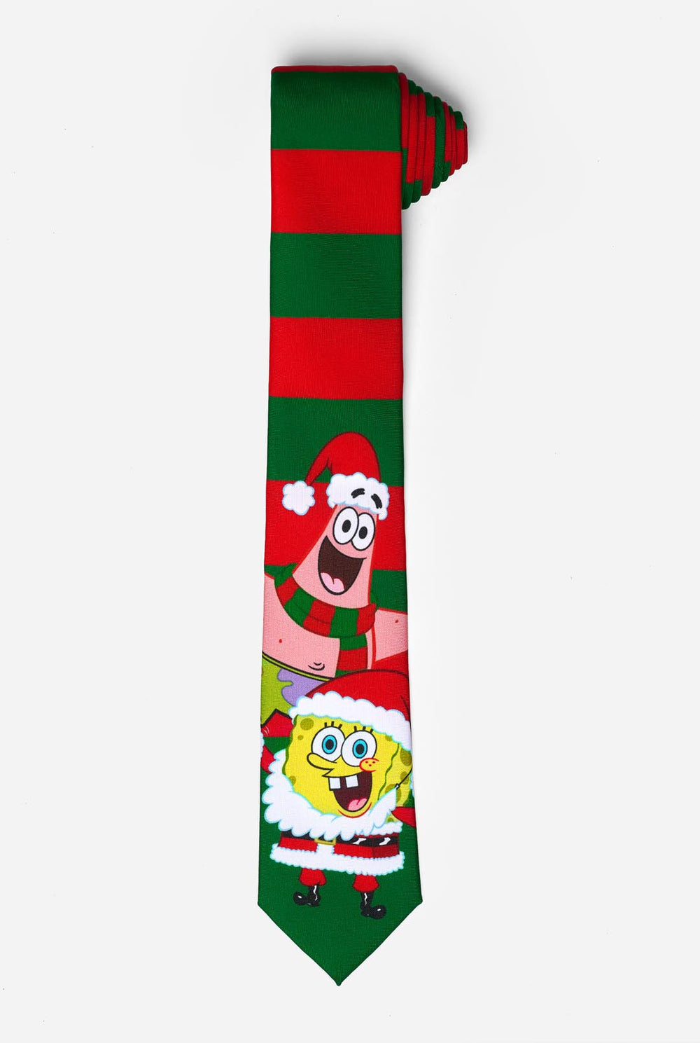 Groen en rood gestreepte kerststropdas met Spongebob en Patrick print
