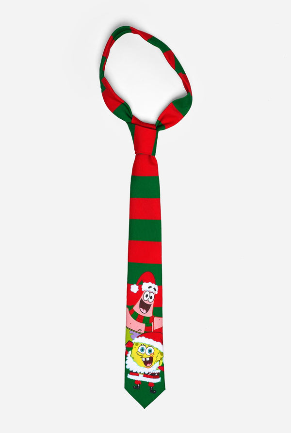 Groen en rood gestreepte kerststropdas met Spongebob en Patrick print
