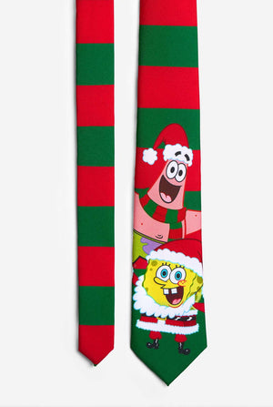 Groen en rood gestreepte kerststropdas met Spongebob en Patrick print