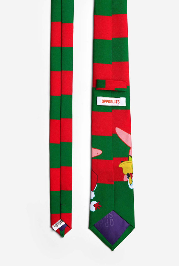 Groen en rood gestreepte kerststropdas met Spongebob en Patrick print