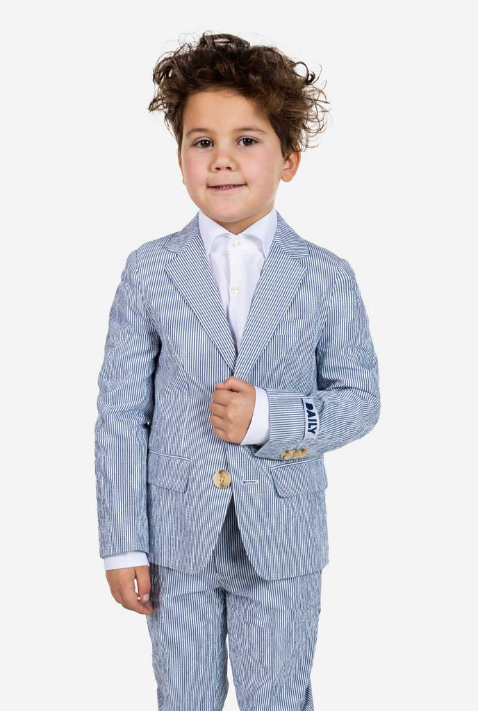 Kid wearing blue and white stripes Seer Sucker suit