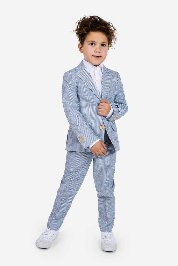 Kid wearing blue and white stripes Seer Sucker suit