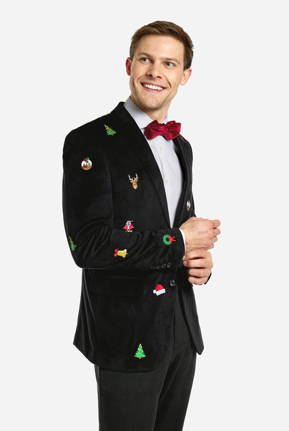 Man met zwarte kerstblazer met kerstpictogrammen