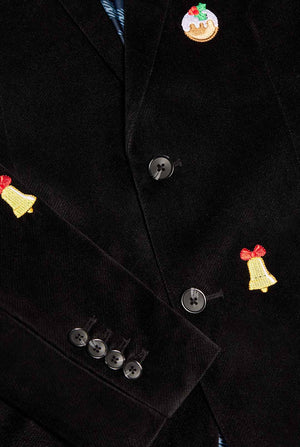 Zwarte kerstblazer met kerstpictogrammen, close up